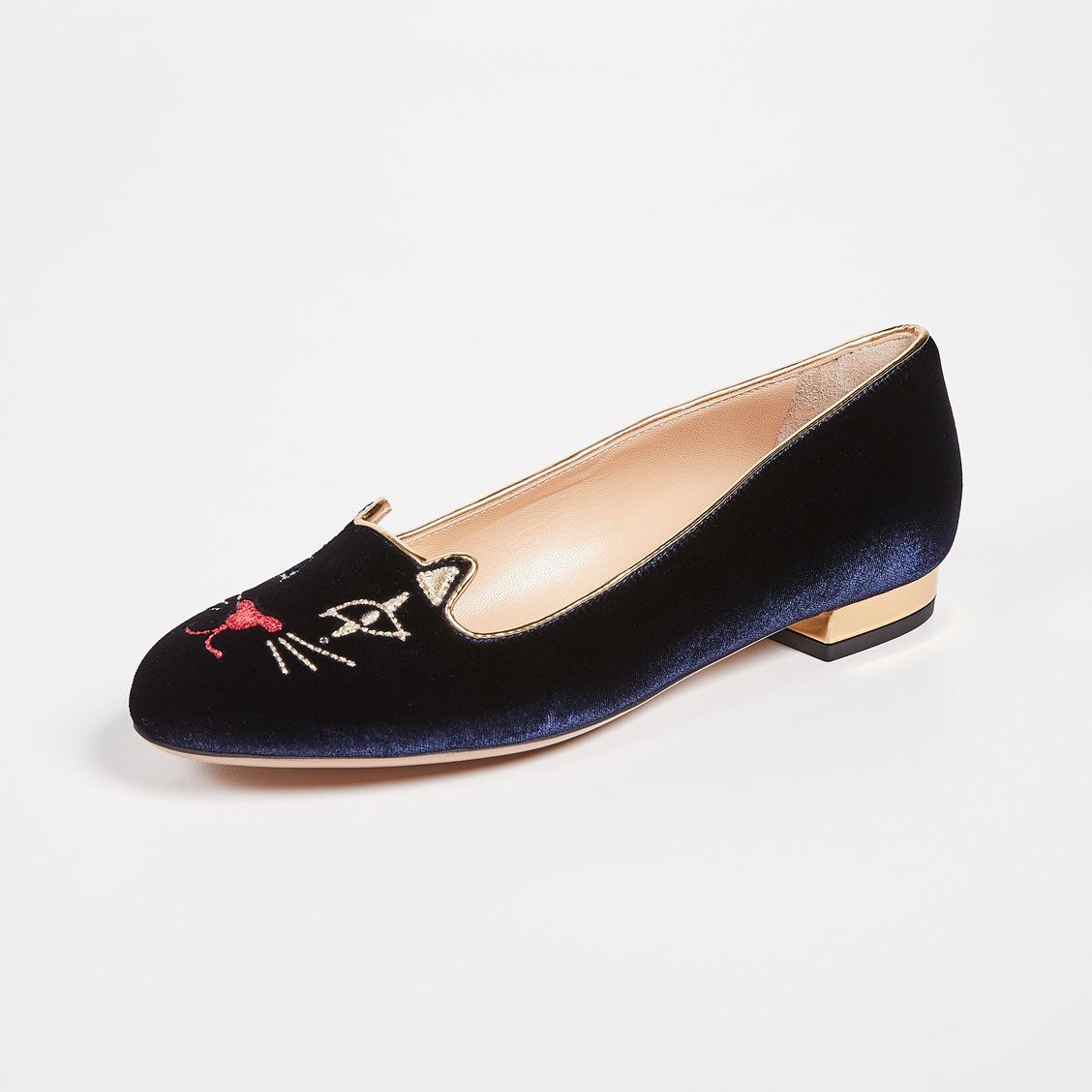 Navy Velvet Round Toe Cute Cat Embroidered Flat Shoes for Women | FSJshoes.com