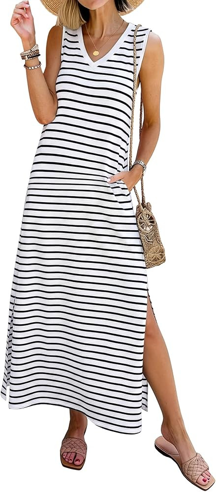ANRABESS Womens Summer Casual V Neck Sleeveless Tank Maxi Dress Split Wrinkle-Free Beach Vacation... | Amazon (US)