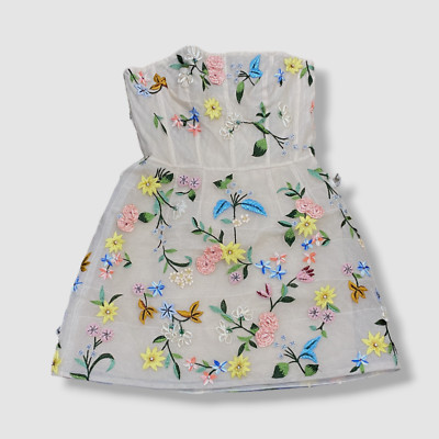 $6395 Monique Lhuillier Women's Ivory Silk Floral Strapless Dress Size 12 | eBay US