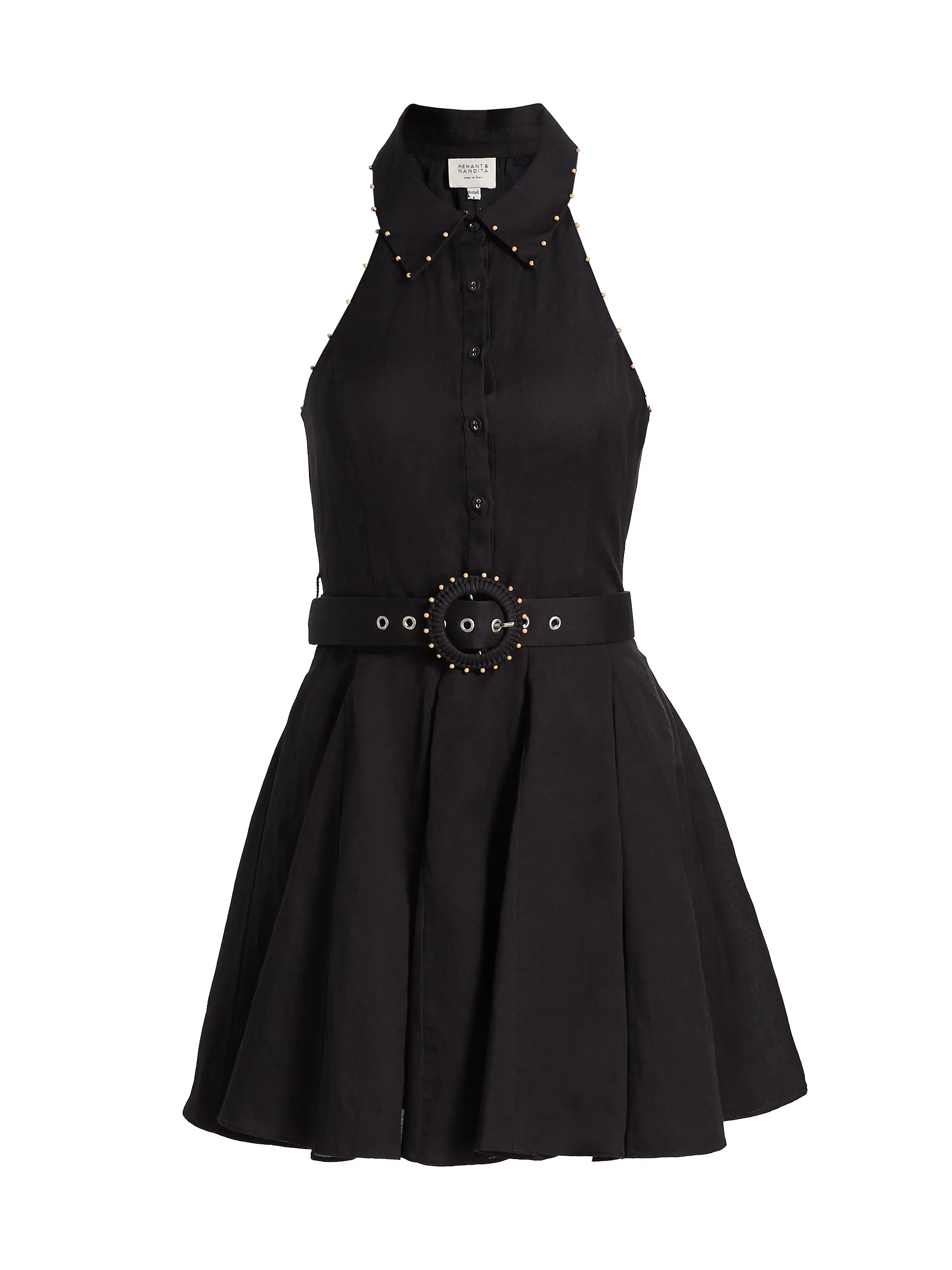 Hemant & Nandita Kavi Embroidered Linen-Cotton Belted Minidress | Saks Fifth Avenue | Saks Fifth Avenue