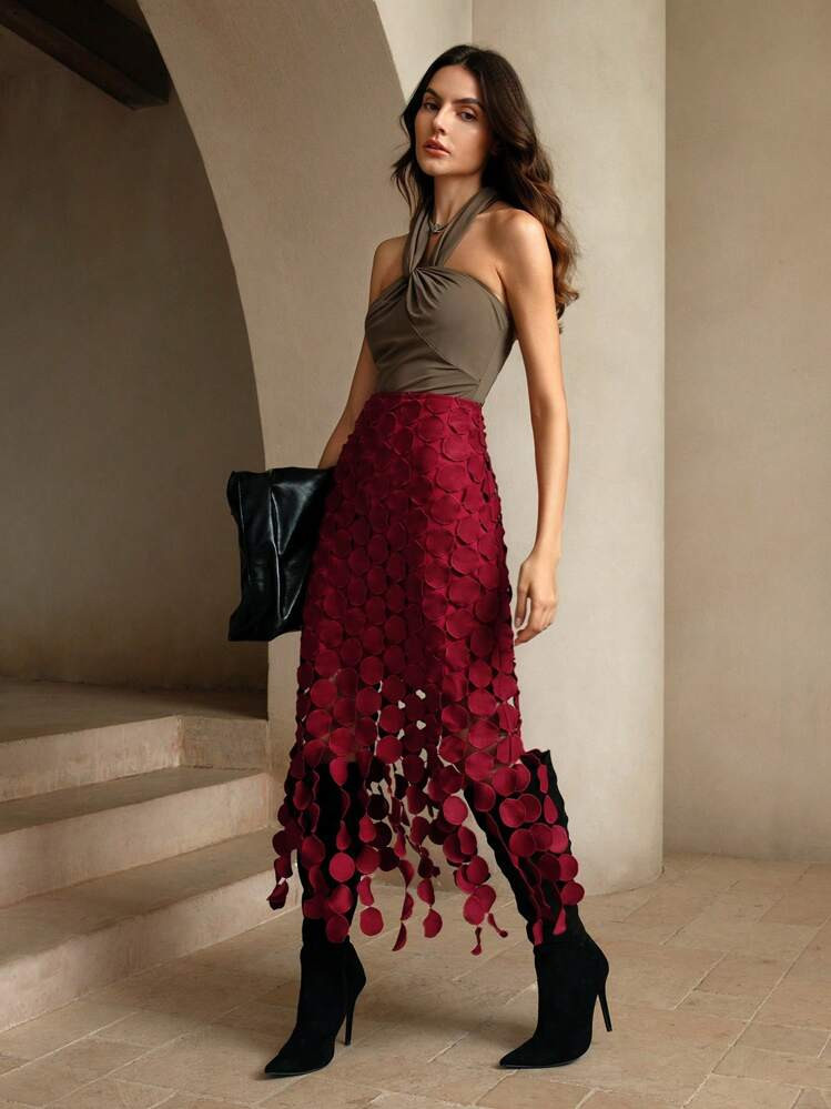 Anewsta Laser Cut Multi Circle Double Layered Skirt Burgundy Maxi Women Outfit | SHEIN