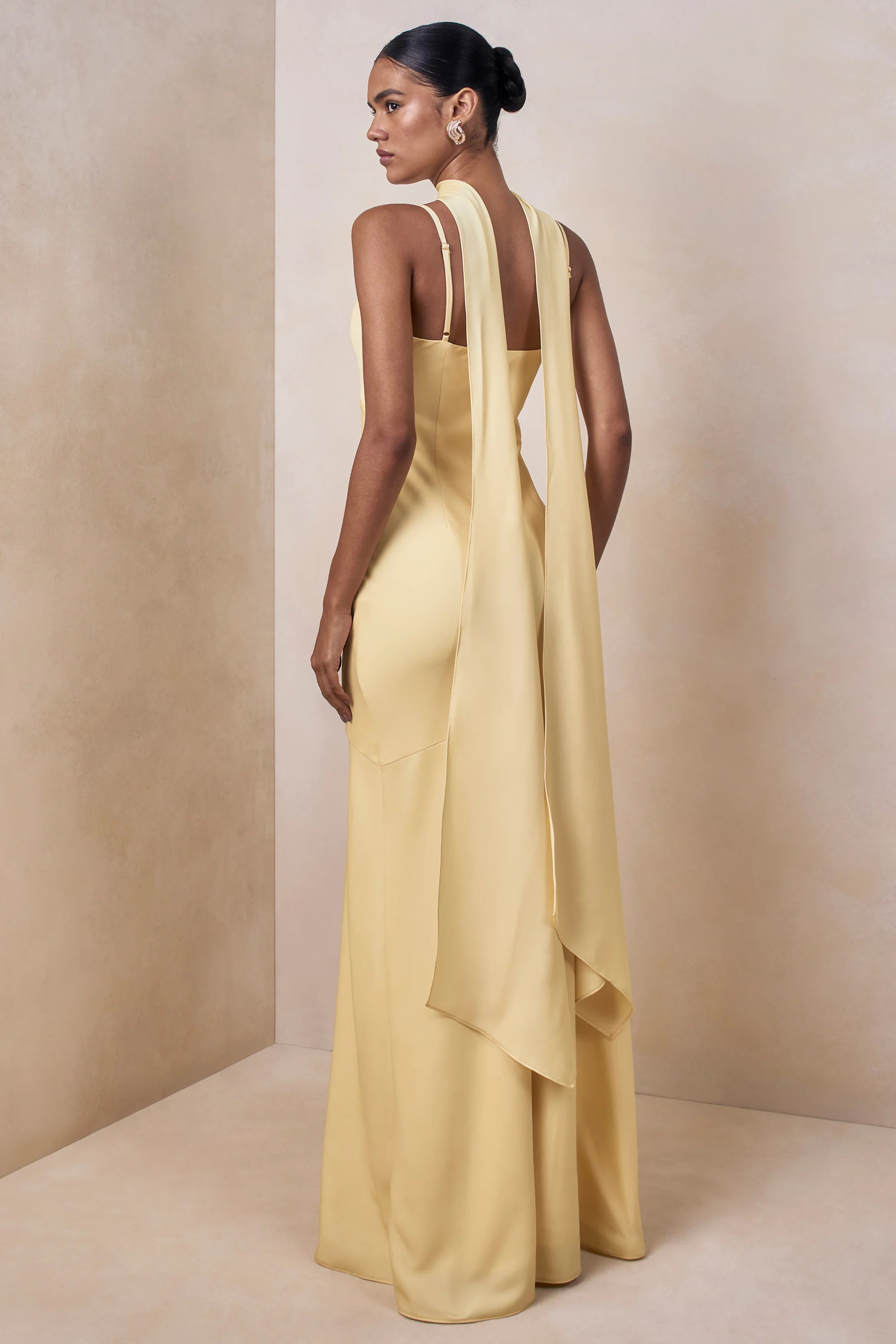 Starling | Lemon Matte Satin Plunge-Neck Maxi Dress With Scarf-Detail | Club L London
