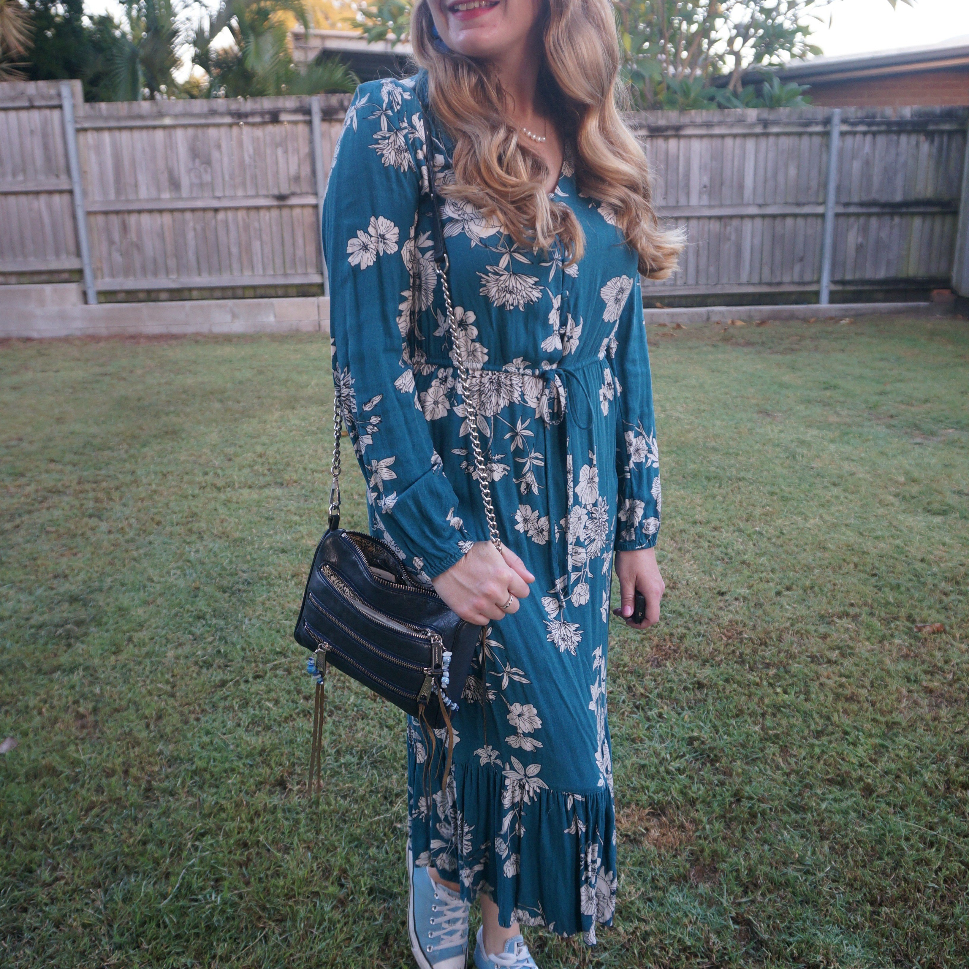 Kmart Anko teal floral midi dress and Rebecca Minkoff navy mini 5-zip bag with blue Converse 💙 

#LTKaustralia #LTKautumn #LTKbag