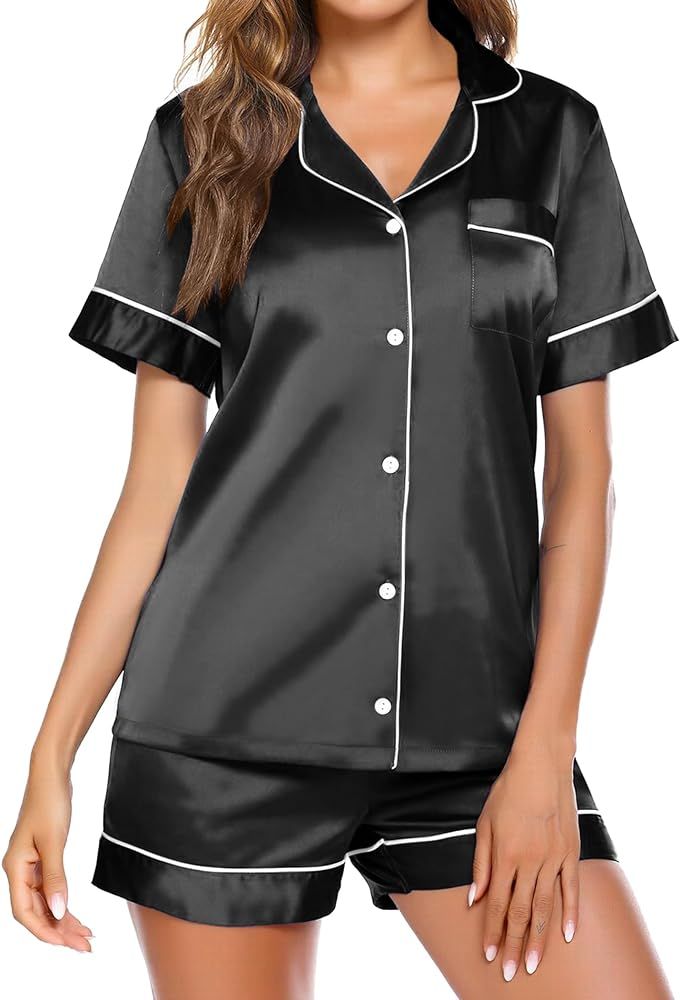 Ekouaer Satin Pajamas for Women Button Down Sleepwear Soft Silk Loungewear Short Sleeve Top and S... | Amazon (US)