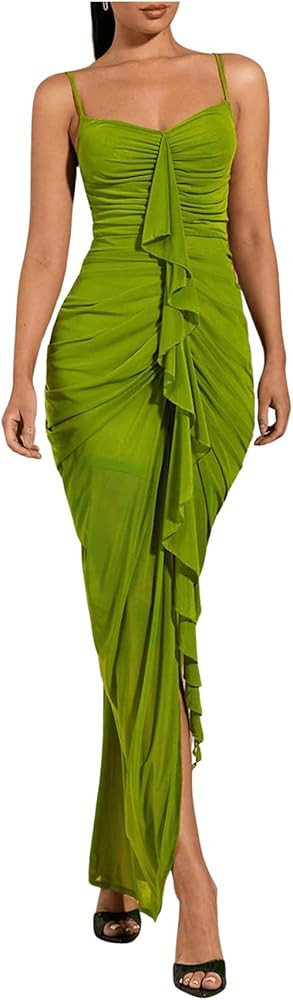 Floerns Women's Ruffle Ruched Cami Dress Draped Split Elegant Bodycon Maxi Dresses | Amazon (US)
