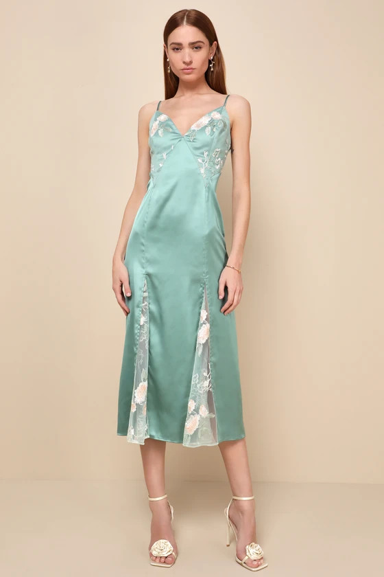 Sophisticated Guest Green Satin Embroidered Floral Midi Dress | Lulus