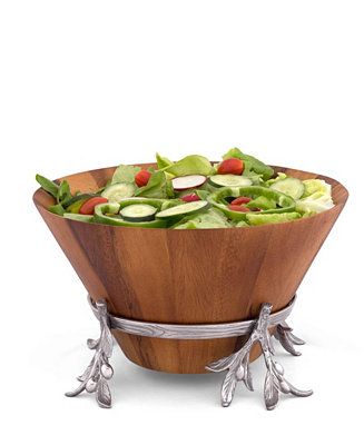 Acacia Wood Salad Bowl in Metal Stand, Sand-Cast Aluminum Stand in Olive Pattern | Macys (US)