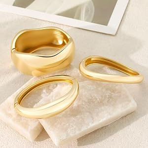 3Pcs Chunky Gold Bangles Bracelets for Women, Spring Hinged Big Stackable Bangles Set, Trendy Cuf... | Amazon (US)