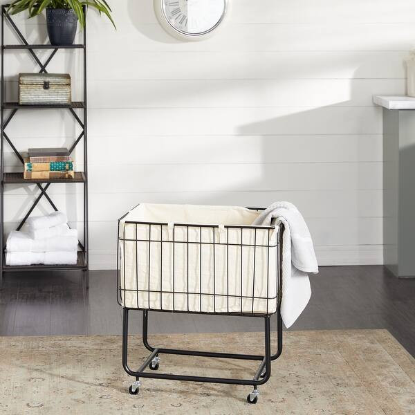 Black Metal Deep Set Wire Basket Storage Cart with Wheels and Fabric Lining - Bed Bath & Beyond -... | Bed Bath & Beyond