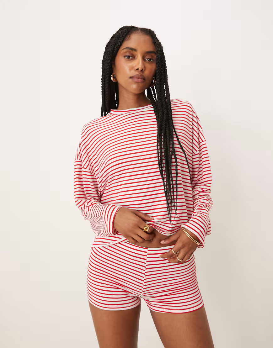 ASOS DESIGN long sleeve tee co-ord in red and white stripe-Multi | ASOS (Global)