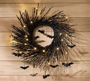 Lit Handcrafted Glitter Branch Wreath with Bats | Pottery Barn (US)