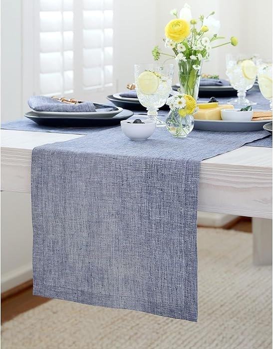 Solino Home Linen Chambray Indigo Table Runner 90 Inches Long - Athena, 100% Pure Linen Dining Ta... | Amazon (US)