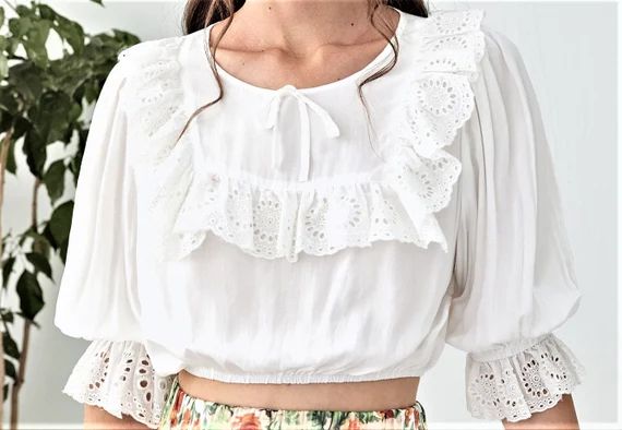 White ruffle trim crop top, Retro style lace trim , puff sleeves blouse, Sexy  white vintage crop... | Etsy (US)