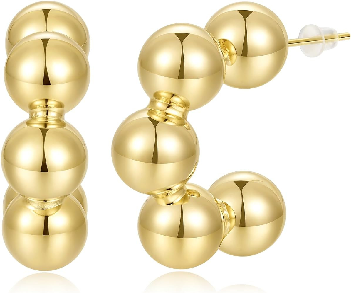 KissYan Gold Beaded Hoop Earrings, 14K Gold Plated Round Ball Drop Earrings Lightweight Chunky St... | Amazon (US)