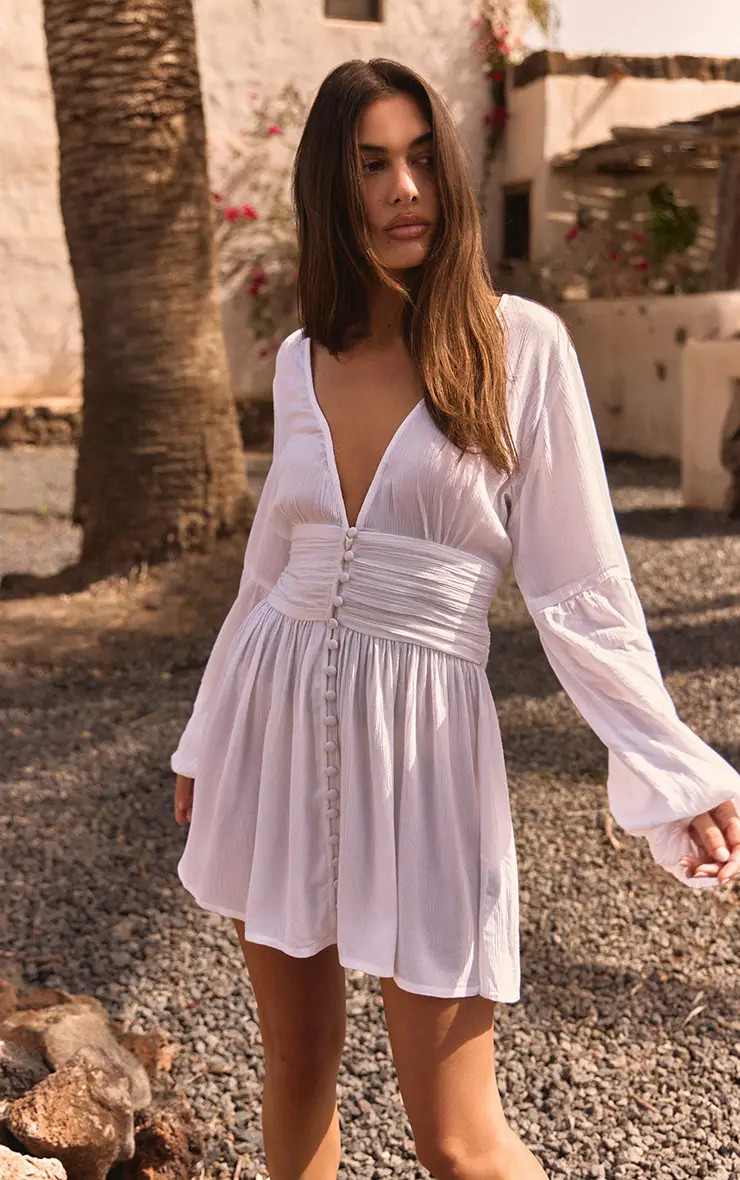White Crinkle Satin Button Down Flowy Shift Dress | PrettyLittleThing US