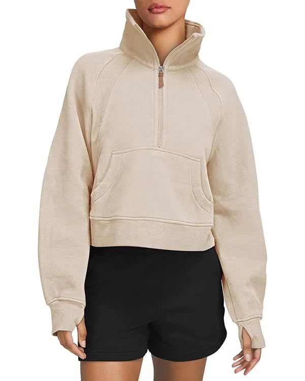 LASLULU Womens Sweatshirts Fleece Lined 1/2 Zipper Collar Pullover Sweatshirts Long Sleeve Crop T... | Amazon (US)