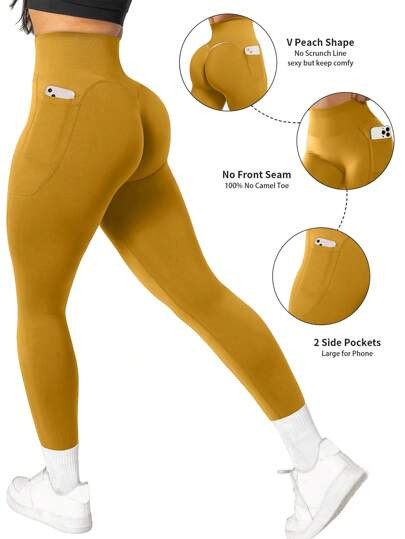 SHEIN Sport Studio Women High Waist Seamless Elastic Workout Leggings With Pockets, For Running &... | SHEIN