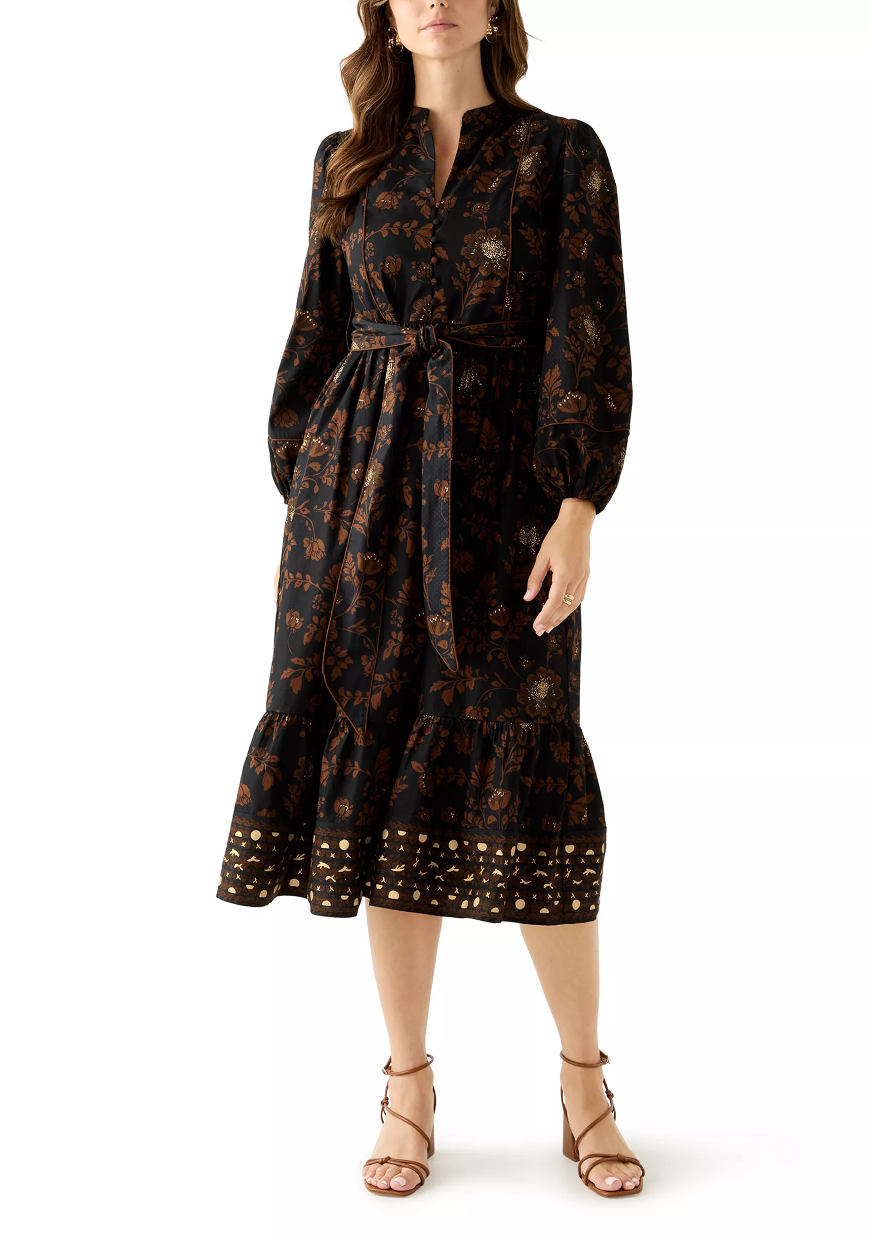 Women's Blouson Sleeve Foil Floral Print Midi Dress | Belk