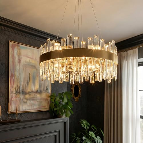 12-Light Modern Crystal Chandelier, 19.7'' Gold Chandelier Light Fixture, Brushed Gold 2-Tiers Raindrop K9 Crystal Ceiling Light Adjustable Round Chandeliers for Dining Room Bedroom Bathroom Entryway | Amazon (US)