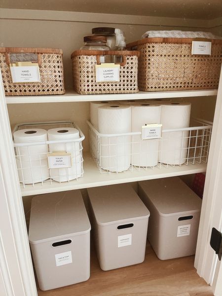 Linen pantry organization baskets and bins 