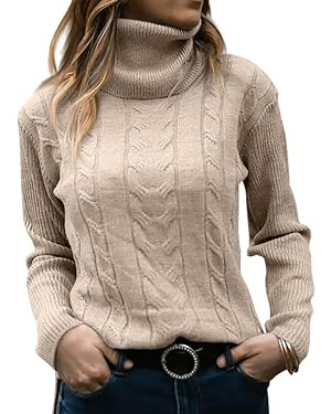 Langwyqu Womens' Turtleneck Long Sleeve Cable Knit Sweaters | Amazon (US)