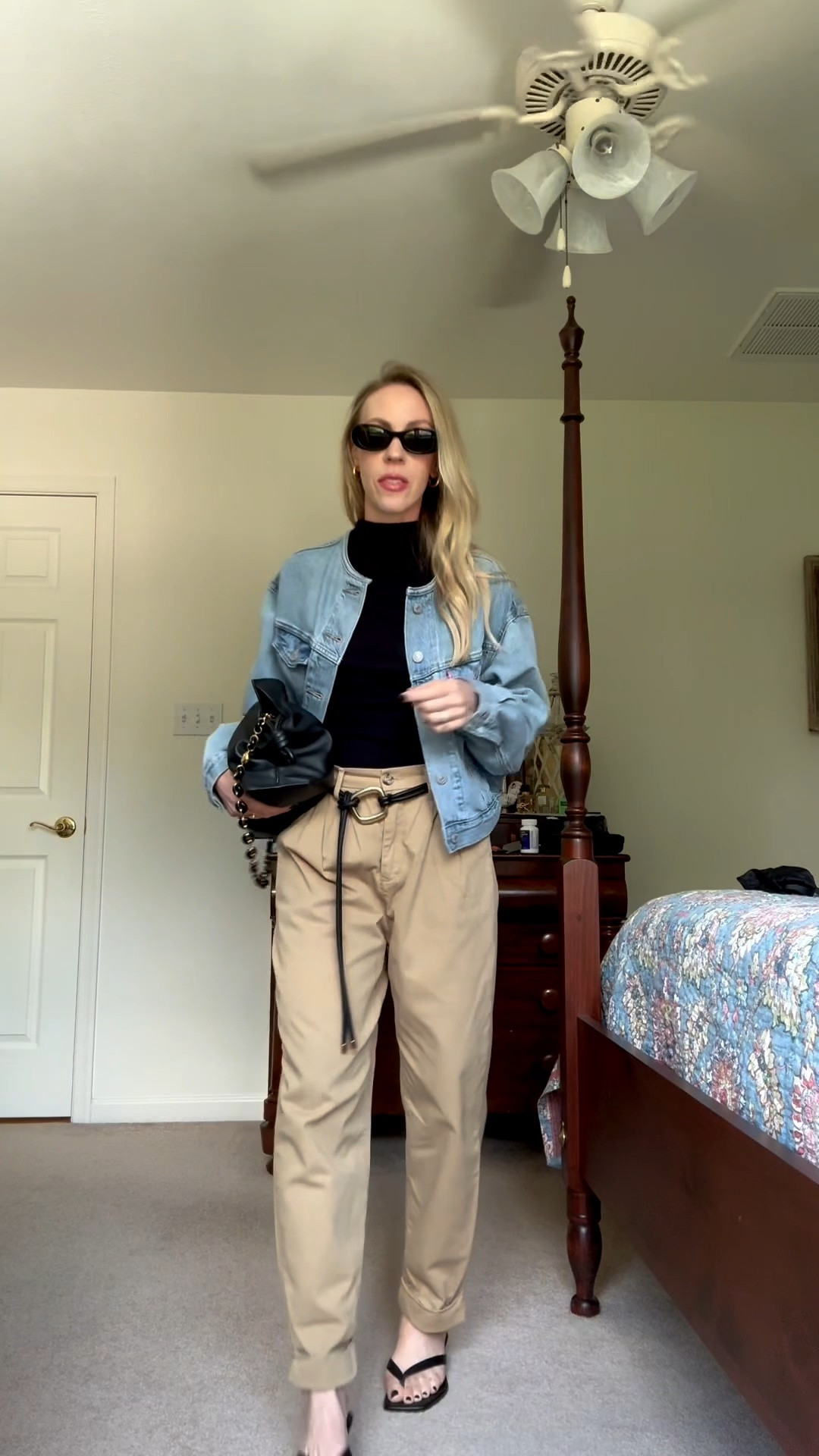 Denim cropped jacket - on major sale! Styling with  mockneck tank, tapered pants and leather thong sandals for a casual early fall look

#LTKootd #LTKSaleAlert #LTKgrwm