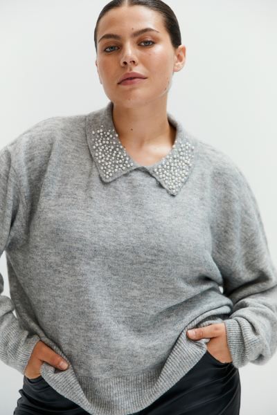 Beaded-collar Sweater - Gray melange - Ladies | H&M US | H&M (US + CA)