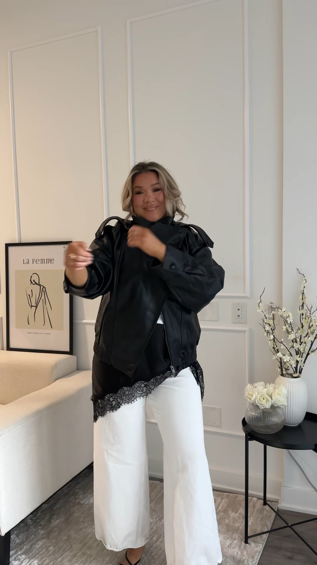 Leather jacket, lace, wide leg jeans, white tee, midsize 

#LTKmidsize #LTKstyletip #LTKjeans