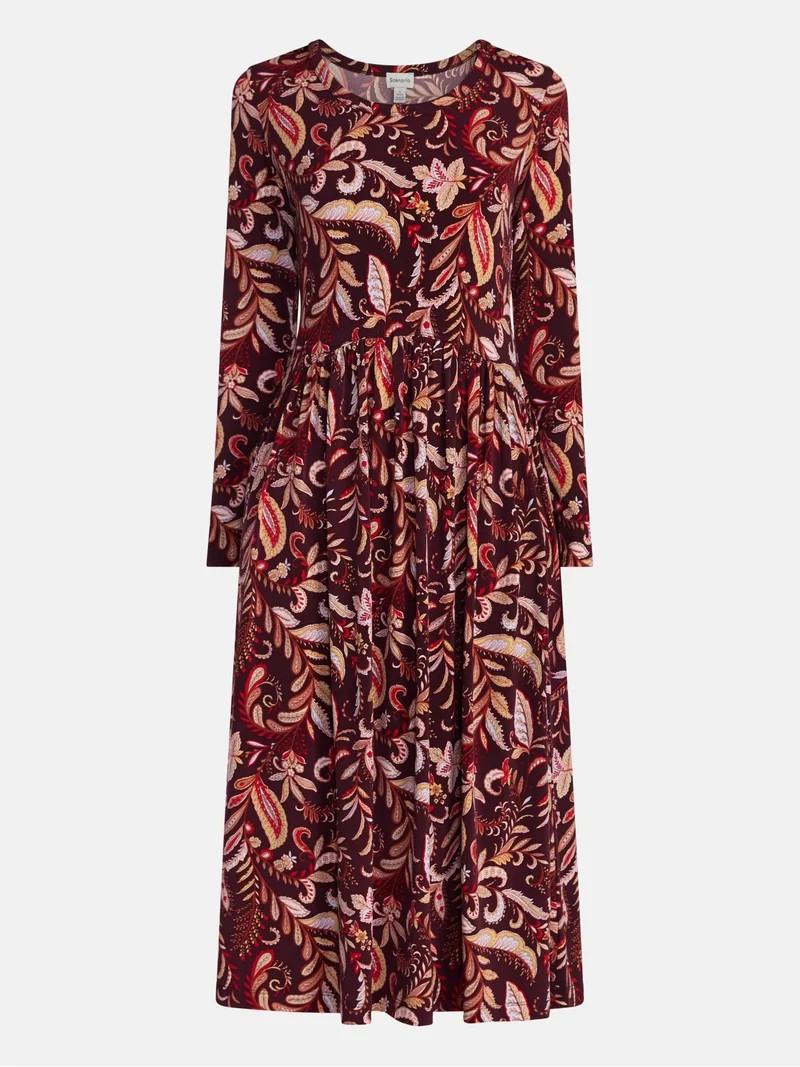Scenario Women's Scoop Neck Midi Dress with Long Sleeves, Sizes XS-XXXL | Walmart (US)