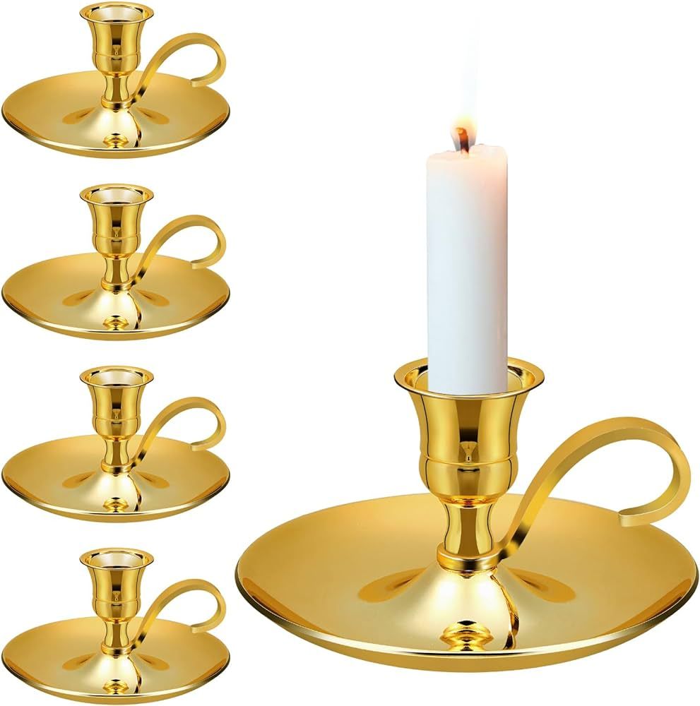Uiifan 4 Pcs Vintage Candlestick Holders with Handle and Saucer Brass Ramadan Candlestick Holders... | Amazon (US)