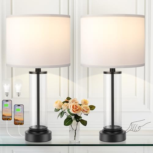 Black Bedroom Lamps Set of 2 - Touch Bedside Lamp for Night Stands with USB C+A, 3 Way Dimmable Nightstand Table Lamps for Living Room, Modern Glass Lamp for Bed Side Guest Room | Amazon (US)