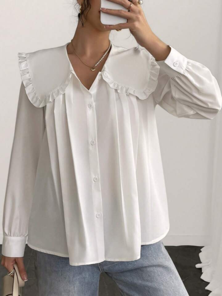 INAWLY Women's Peter Pan Collar Solid Color Pleated Casual Blouse Women Shirt,Long Sleeve Tops | SHEIN