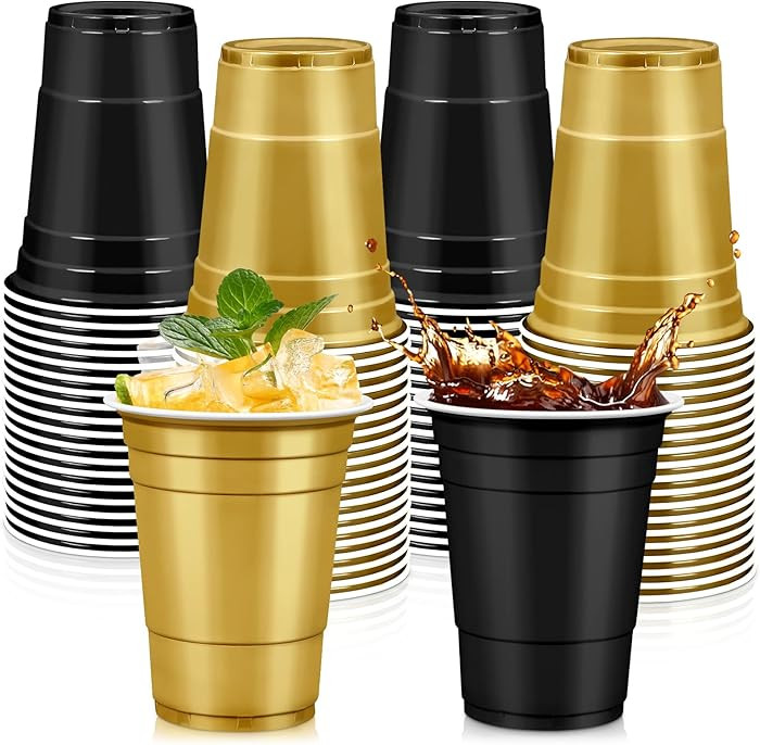 100Pcs Black and Gold Plastic Cups, 16 oz Disposable Cups For New Years Eve Decorations 2026, Gra... | Amazon (US)