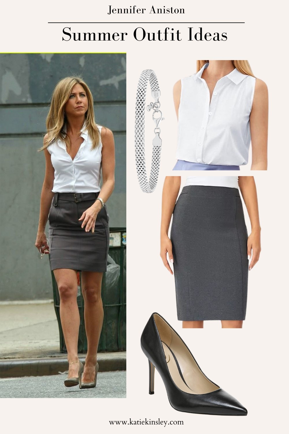 Jennifer Aniston wearing grey pencil skirt and fitted sleeveless button-up white top and black heels 

#LTKStyleTip