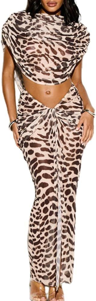 Leopard Mesh Skirt Two Piece For Women Pleated Crop Top Long Split Skirt Sexy Party Club Wear Fashion Going Out Set | Amazon (US)