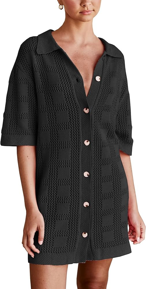 Lumister Summer Knit Shirt Dress for Women Crochet Button Front Shirt Dress Cover Up Bathing Suit... | Amazon (US)