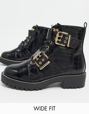 ASOS DESIGN Wide Fit Aubrey lace up boots in black croc | ASOS (Global)
