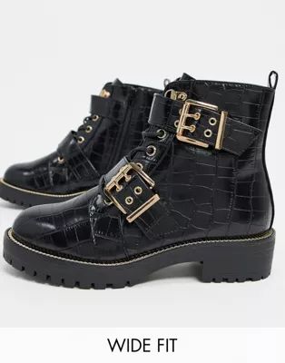 ASOS DESIGN Wide Fit Aubrey lace up boots in black croc | ASOS (Global)