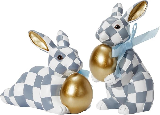 WDS WONDROUS Easter Decorations Bunny Figurines Set, Slate Blue White Checkerboard with Gold Egg ... | Amazon (US)
