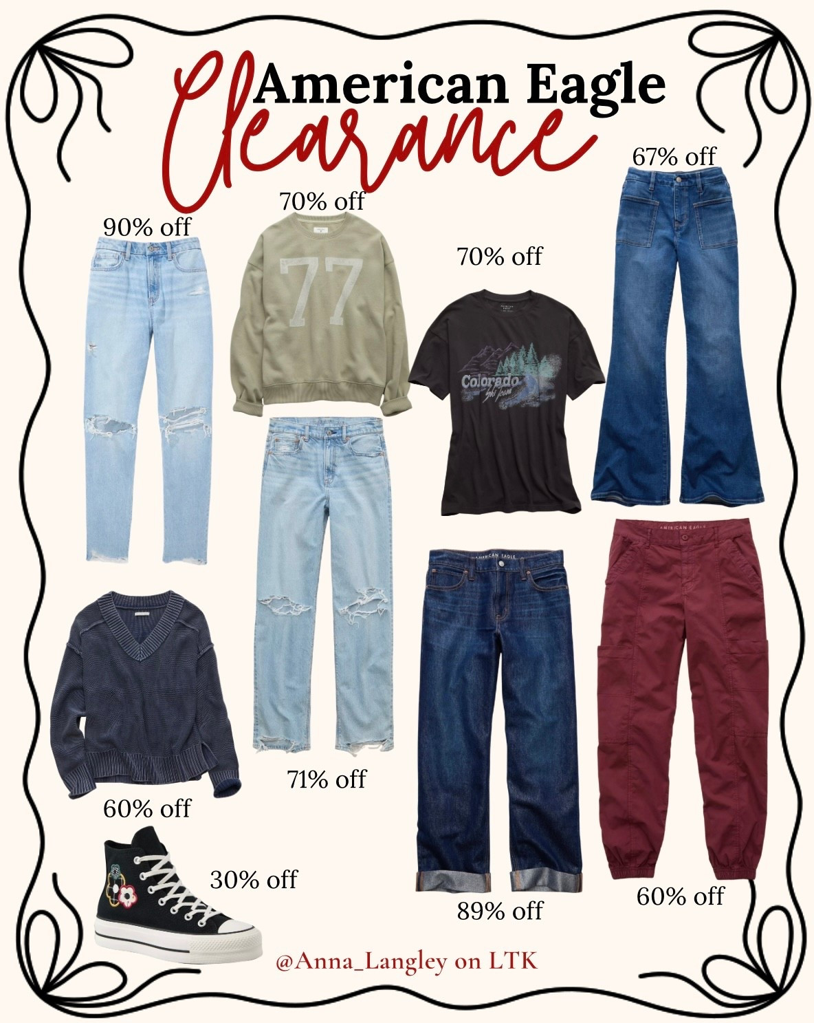 So many good finds marked down — denim, graphic tees, cozy basics, and everyday staples at major discounts. If you’ve been waiting to grab American Eagle jeans, oversized sweatshirts, or casual everyday pieces, now is the time!

I rounded up my favorite clearance finds and linked them here before sizes sell out 👇
#LTKSaleAlert #AmericanEagle #AmericanEagleJeans #ClearanceFinds #DenimDeals #AffordableFashion #CasualStyle #EverydayOutfits #LTKDeals #BudgetStyle 

 #LTKootd #LTKSaleAlert