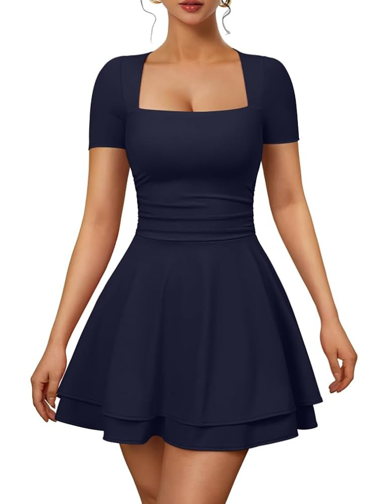 XXTAXN Women's Sexy Square Neck Short Sleeve Ruched Tiered Ruffle Hem Flowy Club Party Mini Dress | Amazon (US)