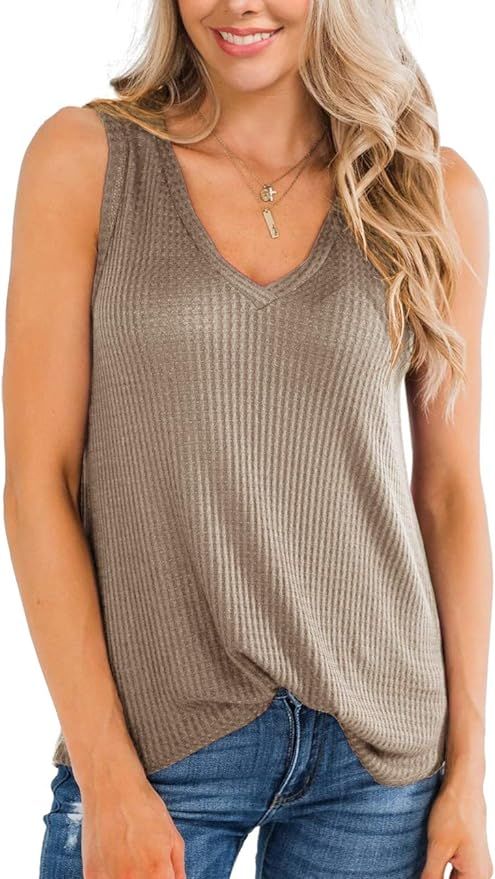 IWOLLENCE Womens Waffle Knit V Neck Tank Tops Summer Casual Sleeveless Shirts Loose Blouses | Amazon (US)