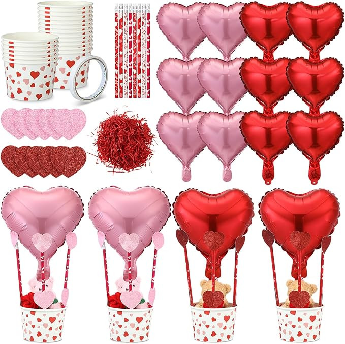 12 Set Valentine Hot Air Balloon Basket Centerpieces DIY Craft Galentine Table Decor Include Hear... | Amazon (US)