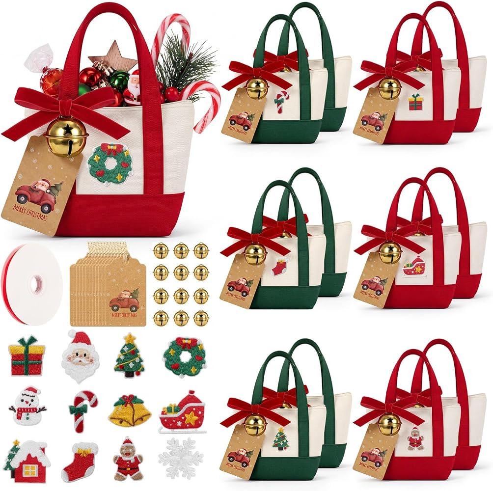 12 Set Christmas Mini Canvas Tote Bags Kit, Xmas Holiday Party Gift | Amazon (US)