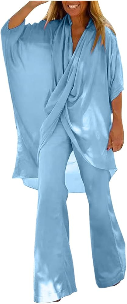 Womens Lounge Sets 3/4 Sleeve Drape Oversized Tops and Bell Bottom Flare Pants Loose Casual Two P... | Amazon (US)