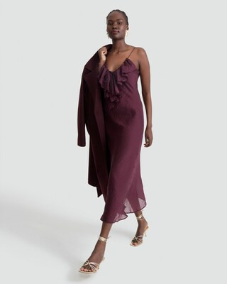 F&F V Neck Ruffle Front Strappy Midi Dress in Burgundy | Tesco F&F