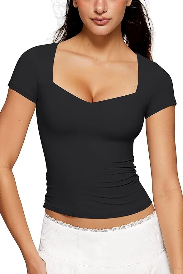 Vertvie Women Sweetheart Neckline Top Double Lined Short Sleeve T Shirts Slim Fitted Cute Basic T... | Amazon (US)
