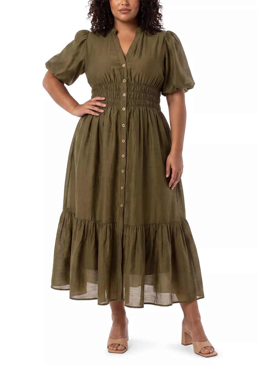 Plus Size Button Front Smocked Waist Dress | Belk