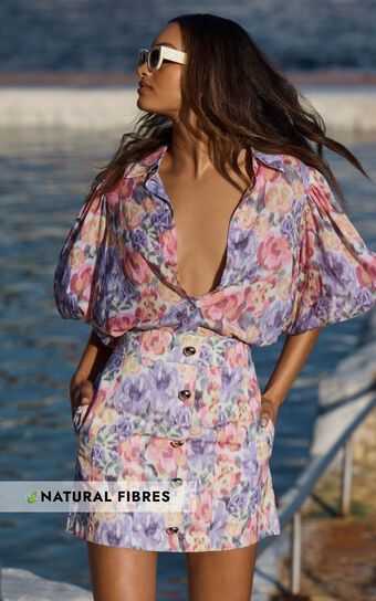 Amalie The Label - Cosette Linen Blend High Waisted Button Through A Line Skirt in Aurora Floral | Showpo (ANZ)