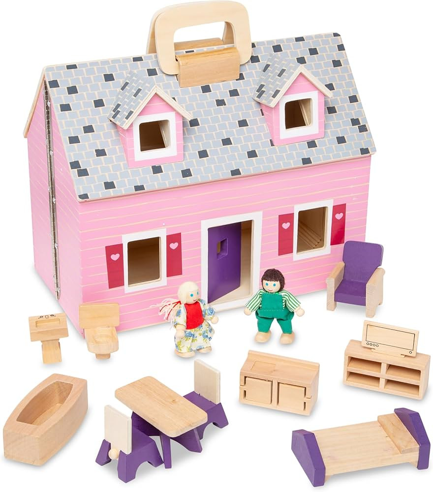 Melissa & Doug Fold and Go Wooden Dollhouse with 2 Dolls and Wooden Furniture,Multi,One Size | Amazon (US)